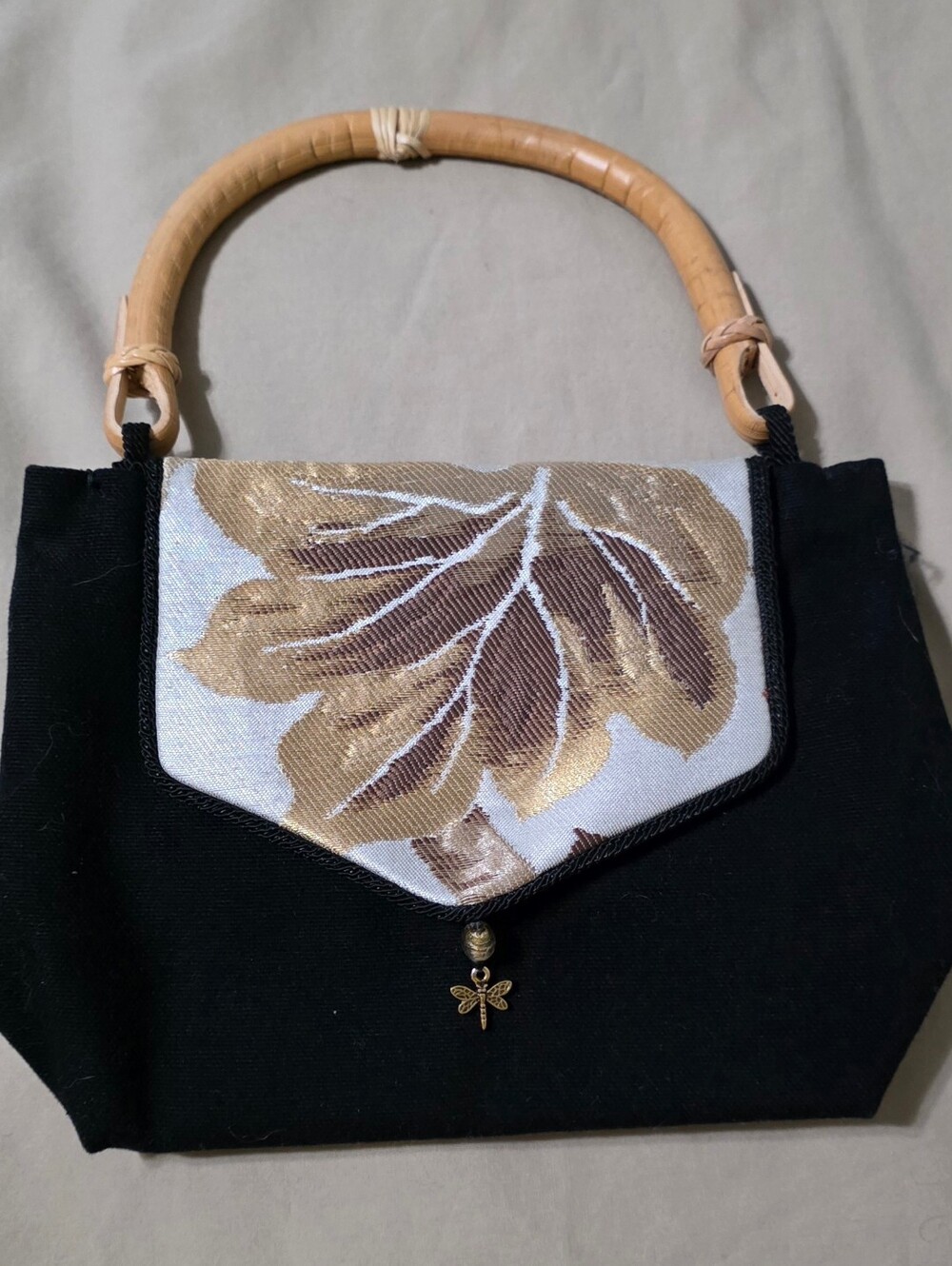 Vintage Kimono Designs Smaller Black Bag with Gold Leaf Accent Bamboo Handle